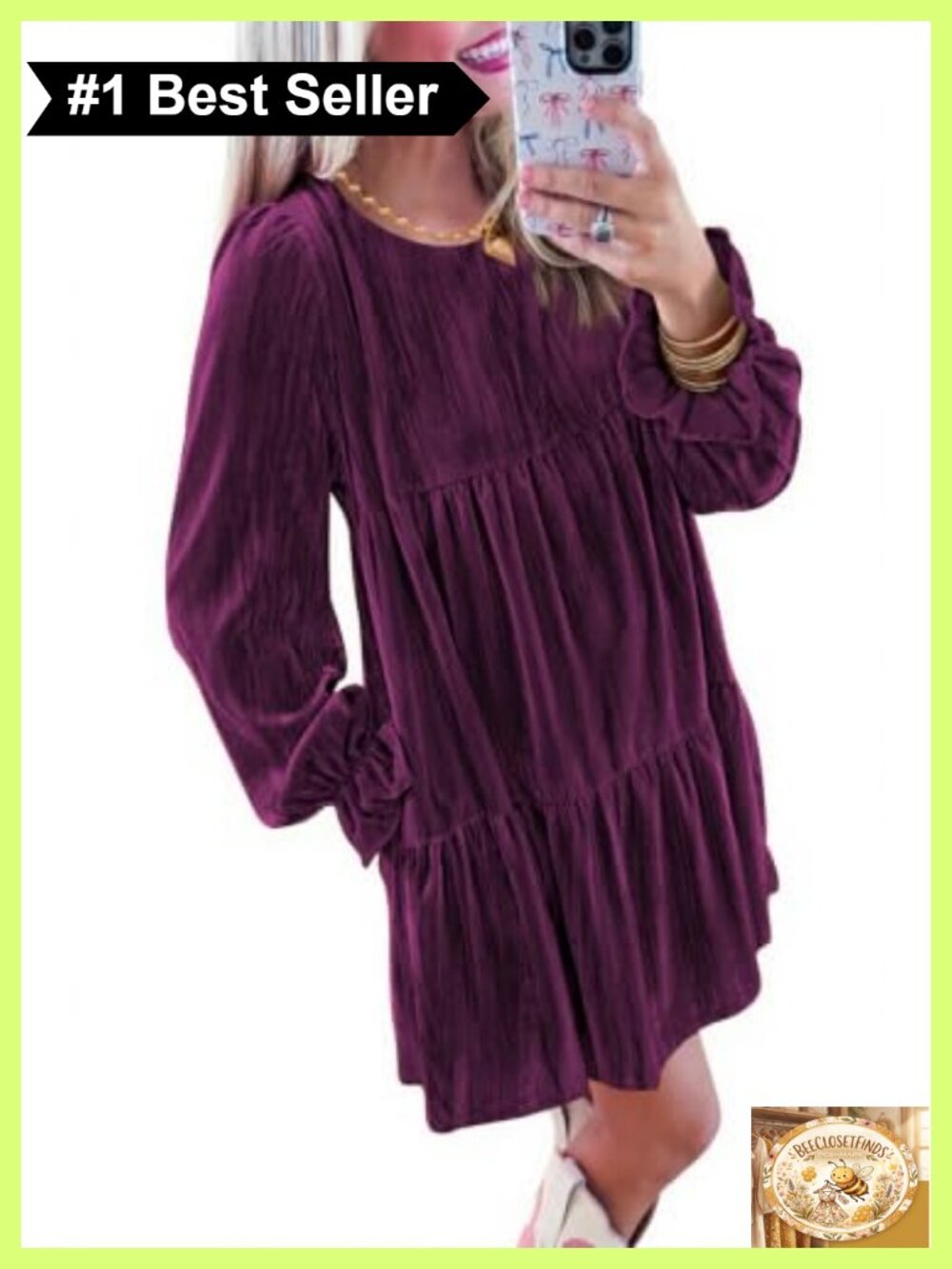 Crushed Velvet Babydoll Dress Long Sleeve Semi Formal with Pockets